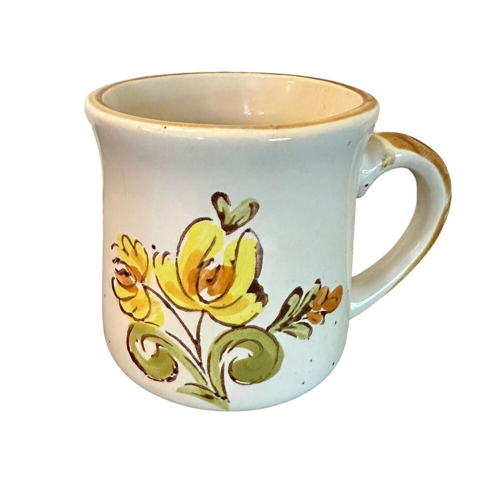 Vintage Mug Floral Stoneware Speckled Casualstone Korea Cup Brown Rim Yellow Mcm